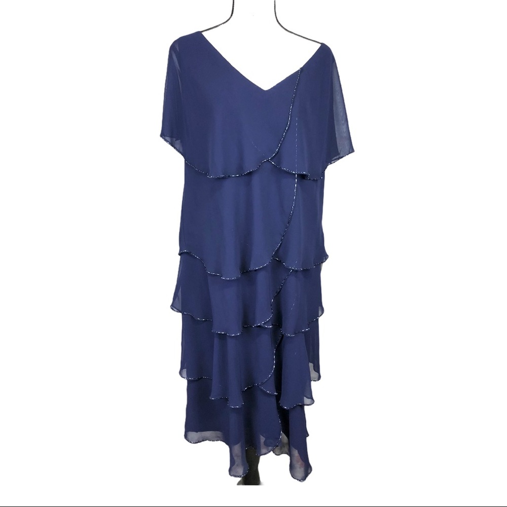 Patra Woman Blue Sequin Beaded Tiered Dress 16 W